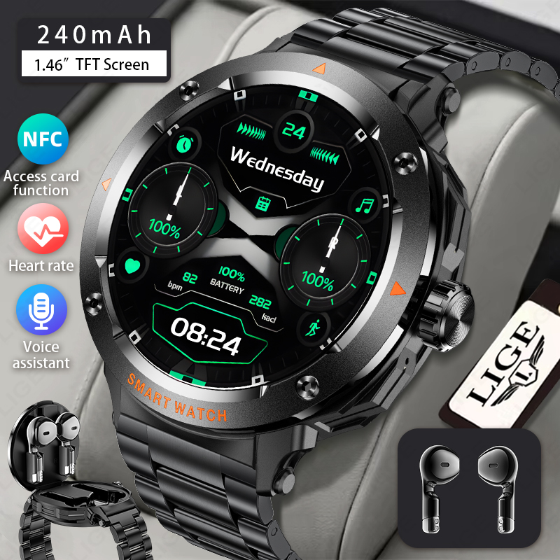 Smartwatch Headset - LIGE หูฟังผู้ชายสมาร์ทวอทช์บลูทูธโทรผู้หญิงกีฬาฟิตเนสการตรวจสอบอัตราการเต้นของหัวใจเพลง NFC 2 ใน 1